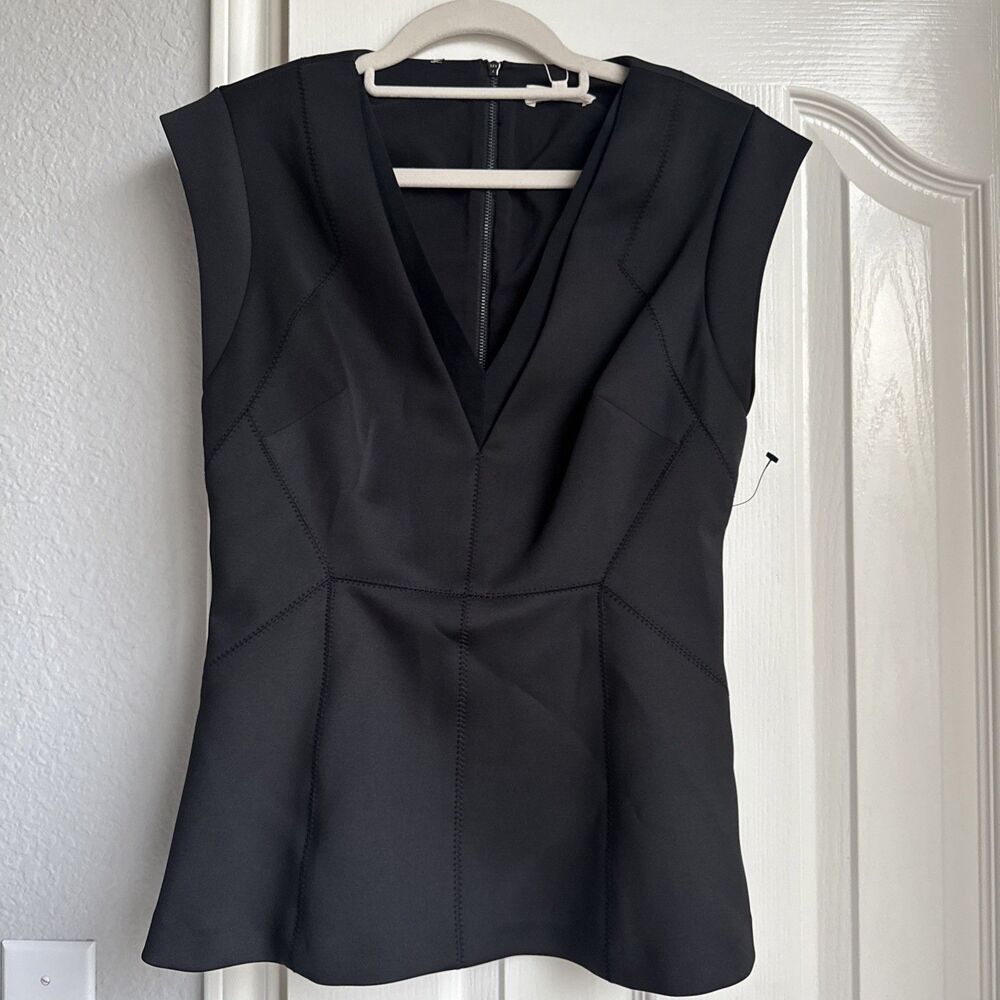 NWT Rebecca Taylor Cap Sleeve VNeck Top Solid Black Scuba Full Back Zip Size 6